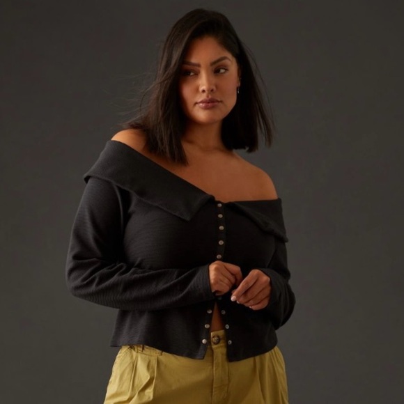 NWT Maeve Anthropologie Ribbed Off Shoulder Snap Button cardigan top w/ collar L - Picture 1 of 10
